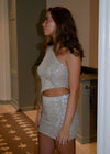Jolie one shoulder top med pallietter - Beige/sølv