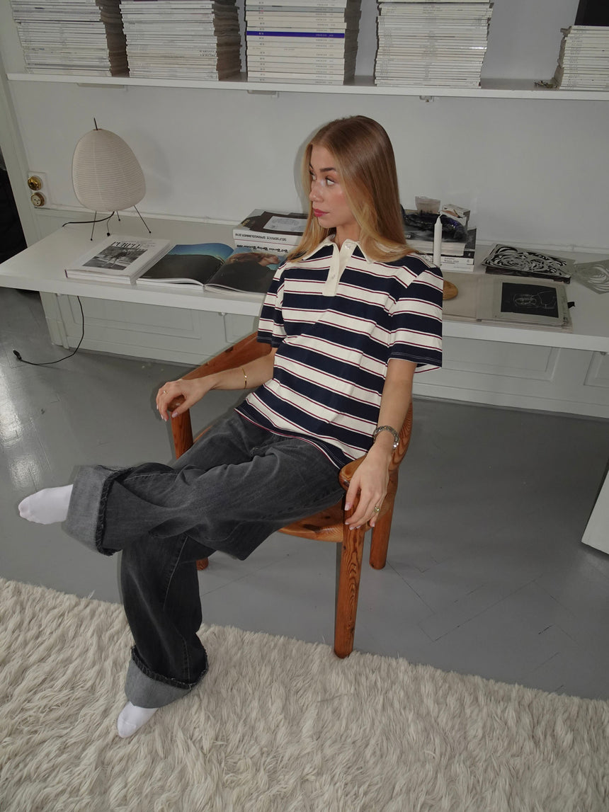 Linna polo med striber - Navy/beige/rød