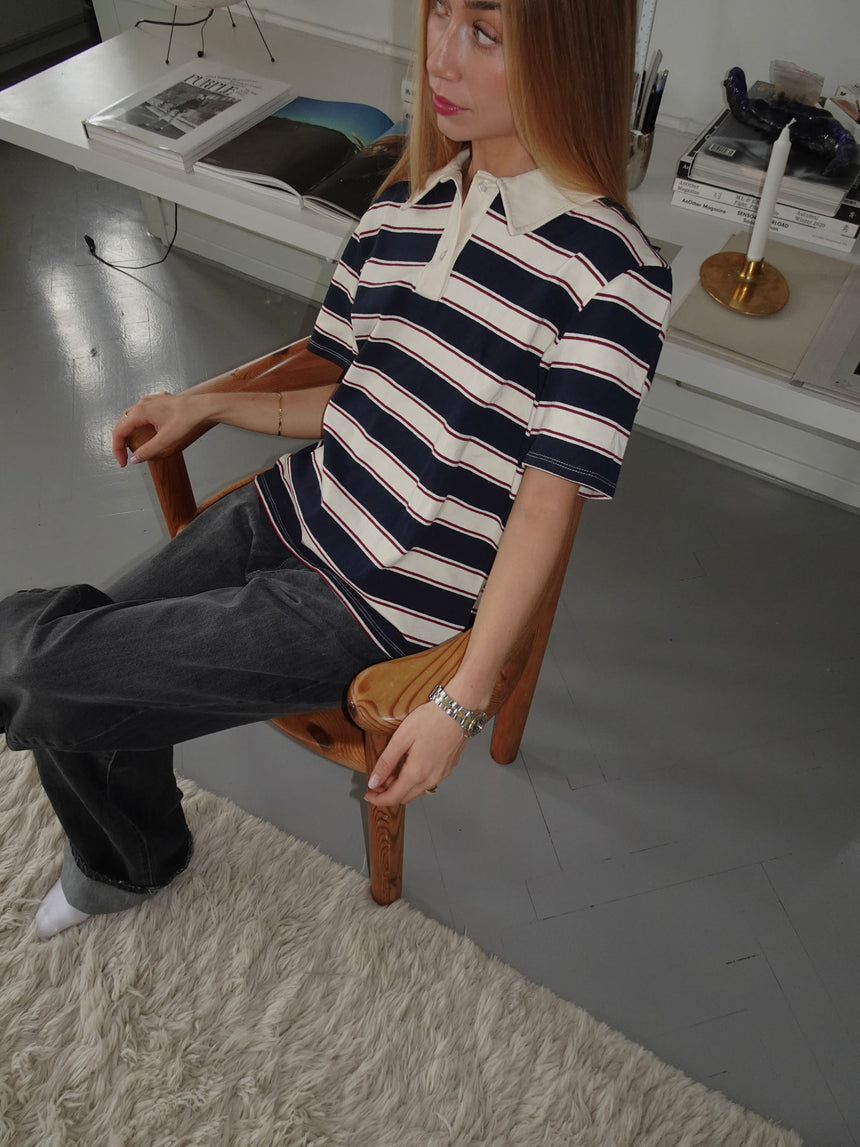 Linna polo med striber - Navy/beige/rød