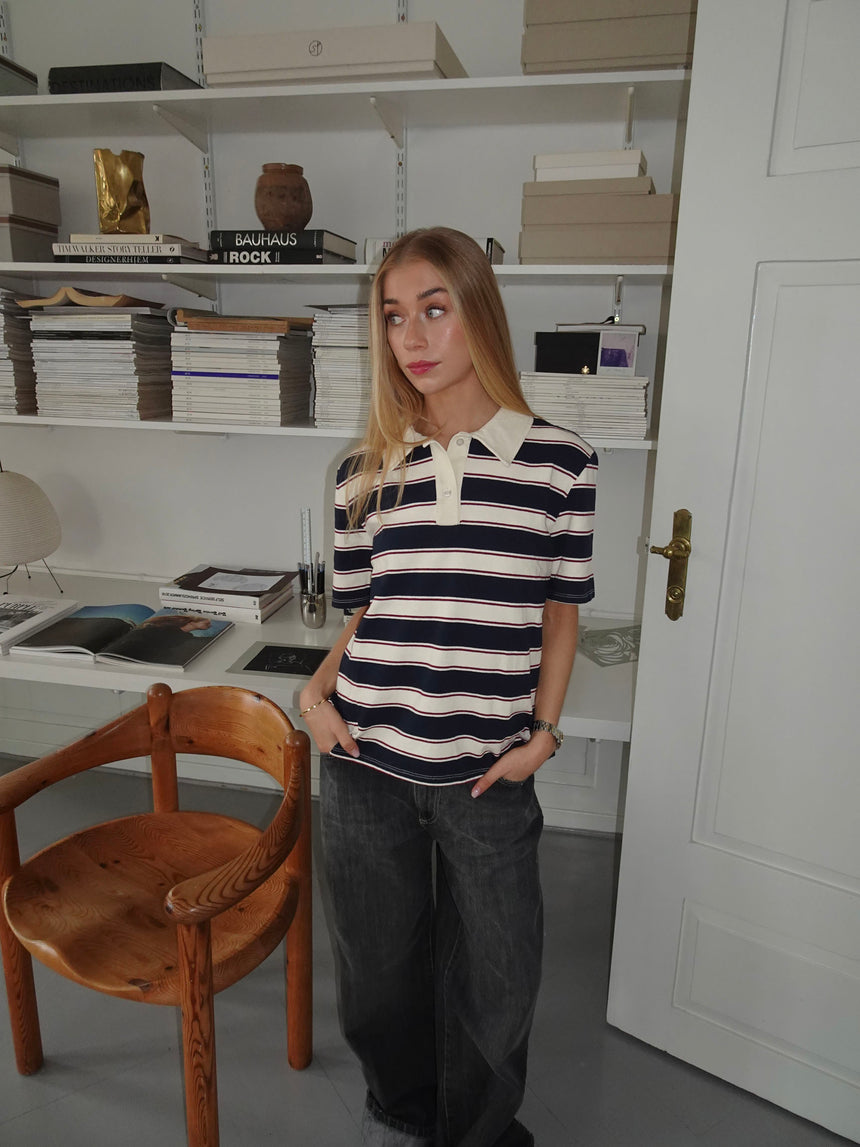 Linna polo med striber - Navy/beige/rød