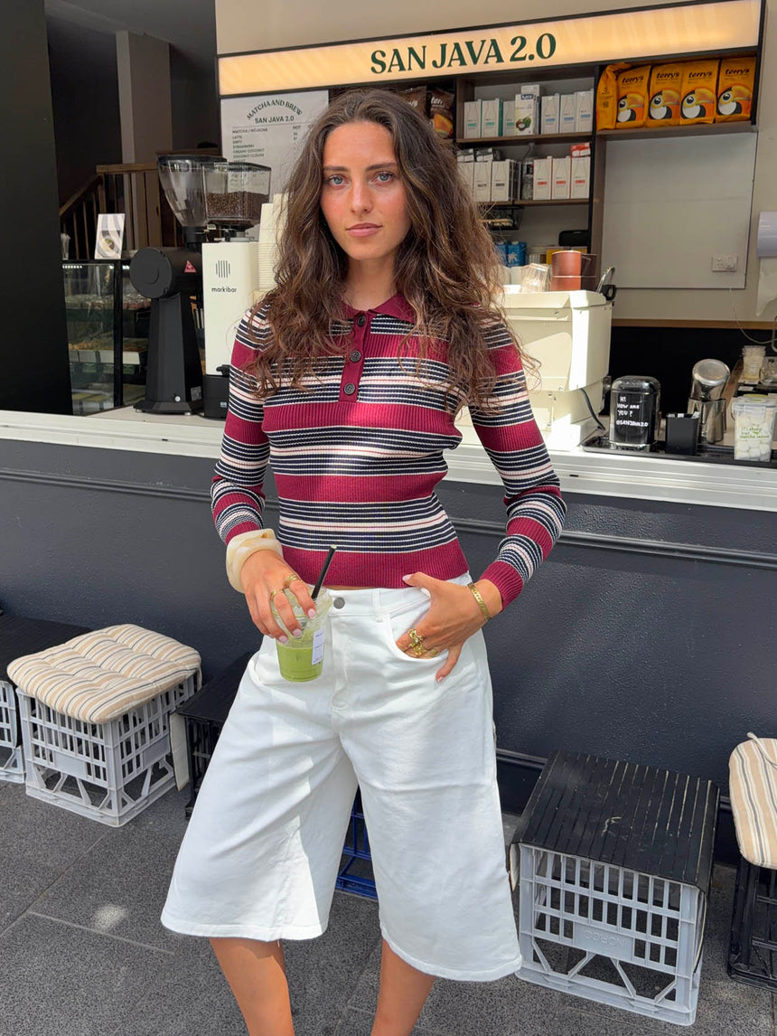 Tilina polo med striber - Rød/beige/navy