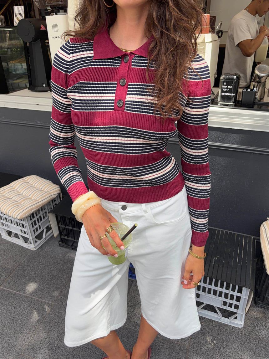 Tilina polo med striber - Rød/beige/navy
