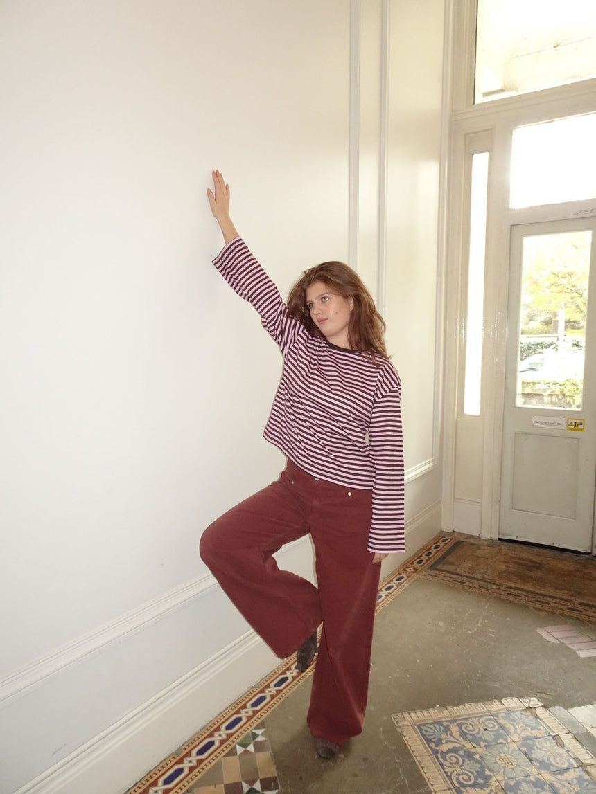 "Main character energy" bluse med striber - Pink/brun/gul