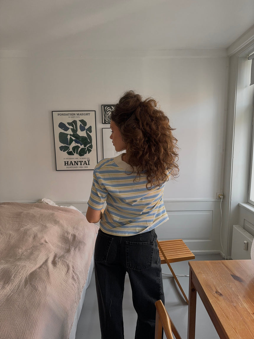 Autine stribede polo t-shirt - Gul/Lyseblå/Beige