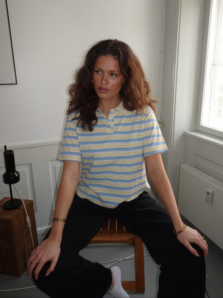 Autine stribede polo t-shirt - Gul/Lyseblå/Beige