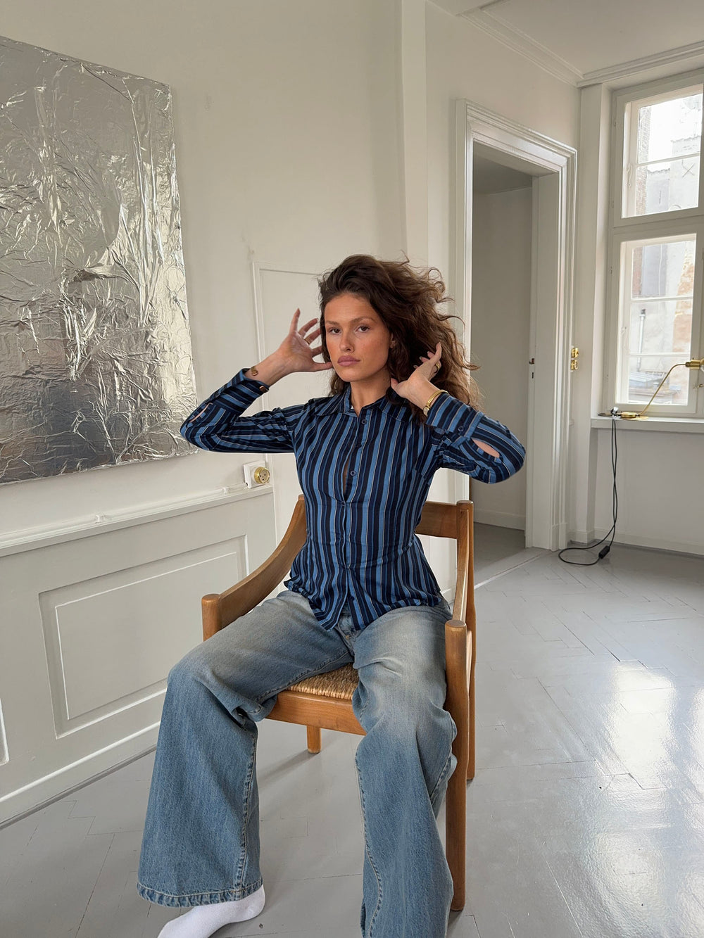 Alberte figursyet skjorte med striber - Mørkeblå/Sort