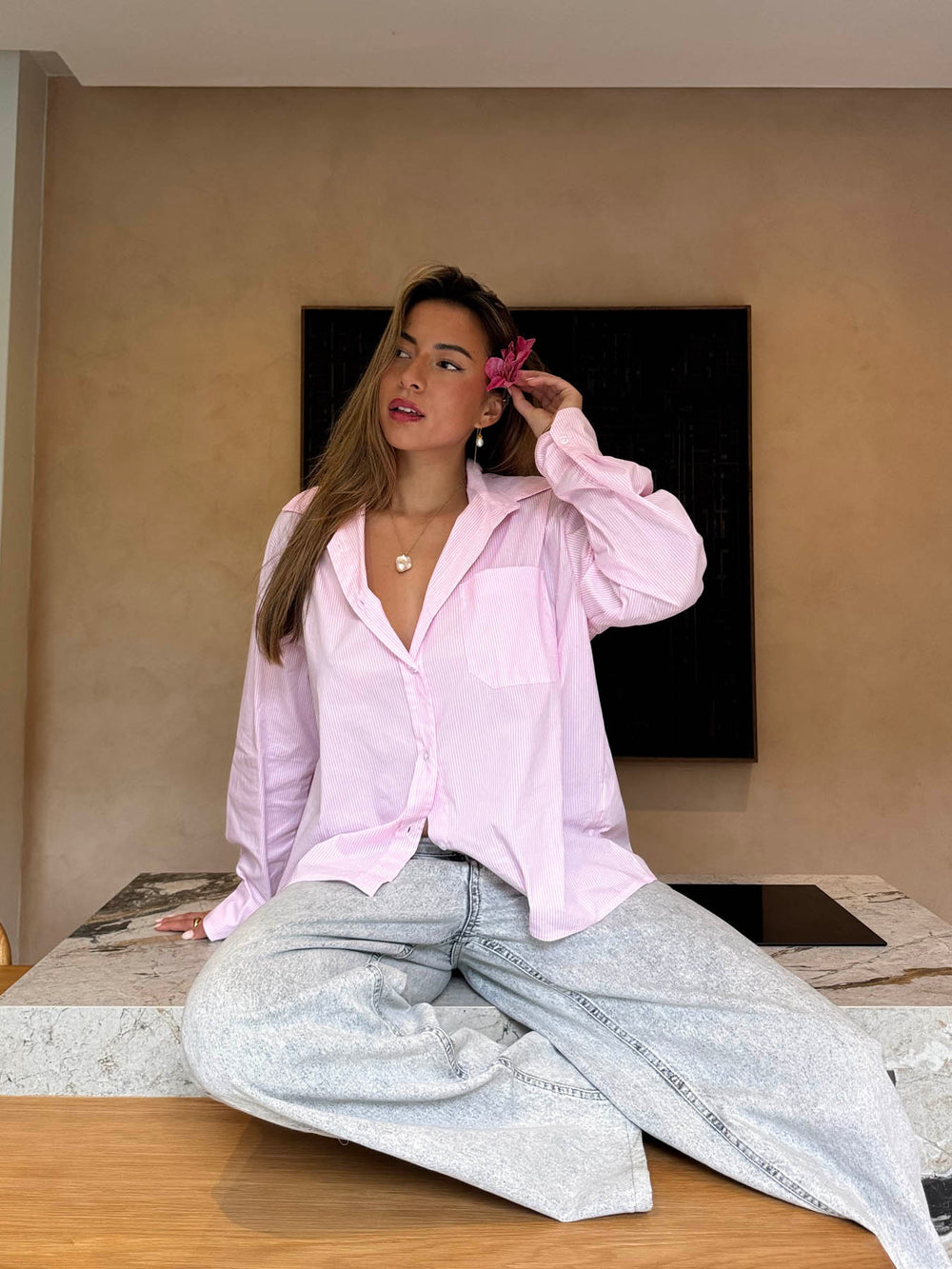 Kendall skjorte med striber - Lyserød/hvid