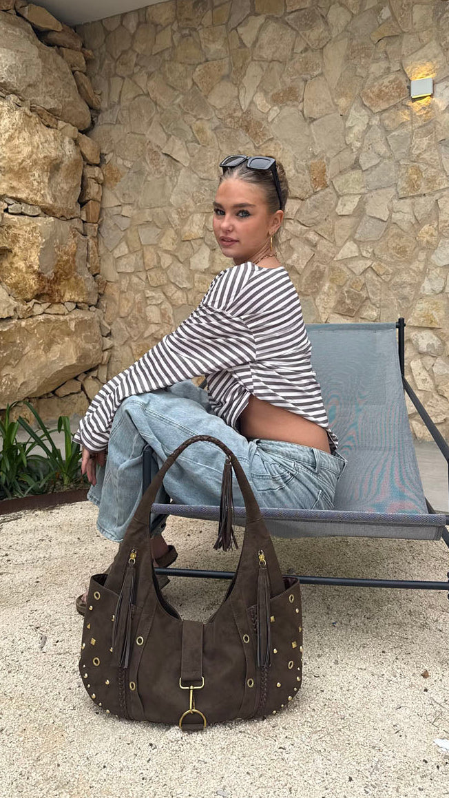 Valentina skuldertaske med nitter - Brun