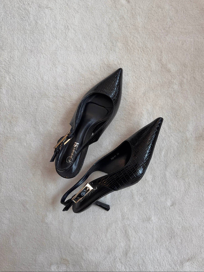 Karline slingback mules med krokodilleprint - Sort