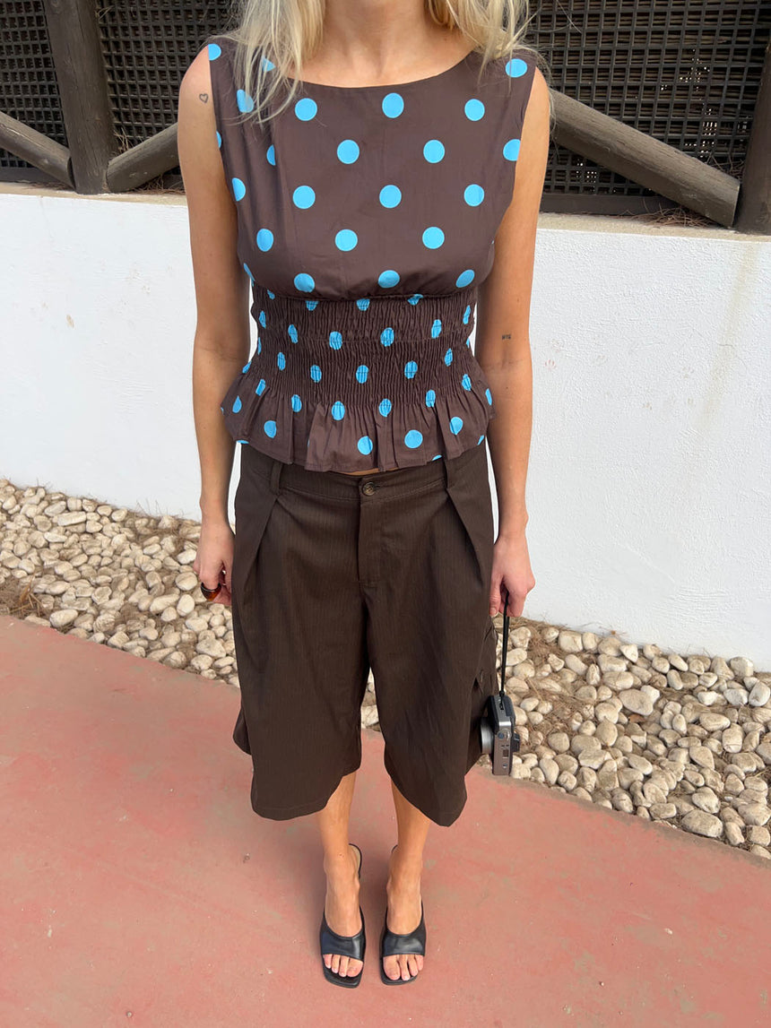 Cathrine smock top med polkaprikker - Brun/blå