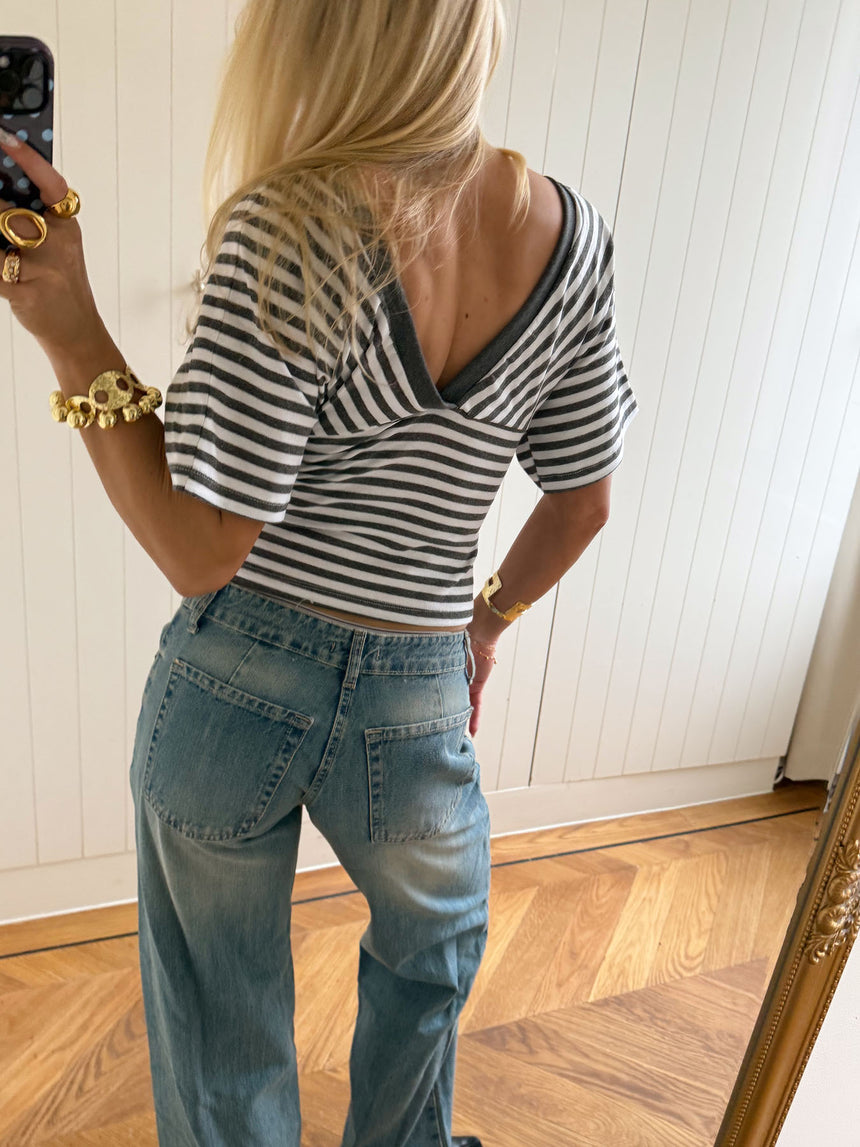 Scandivv bluse med striber - Grå/hvid