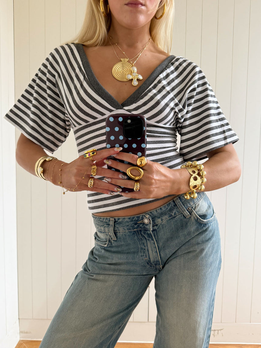 Scandivv bluse med striber - Grå/hvid