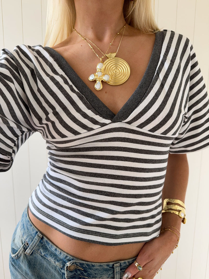 Scandivv bluse med striber - Grå/hvid