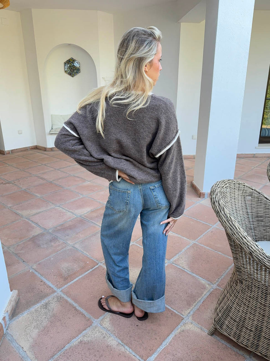 Helina strik med detaljer - Brun/hvid