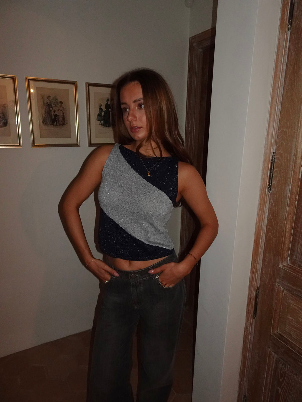 Daphné strikket top med striber - Navy/sølv