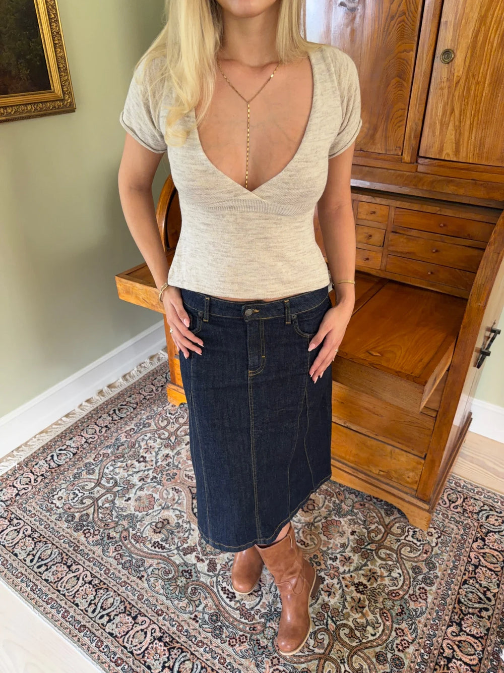 Reva strikket v-neck top - Beige