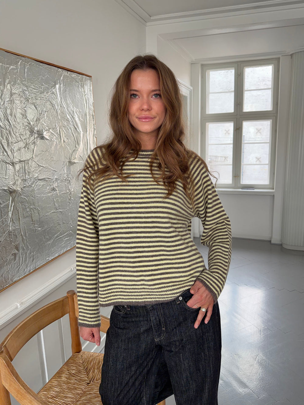 Lulanna striktrøje med striber - Gul/brun
