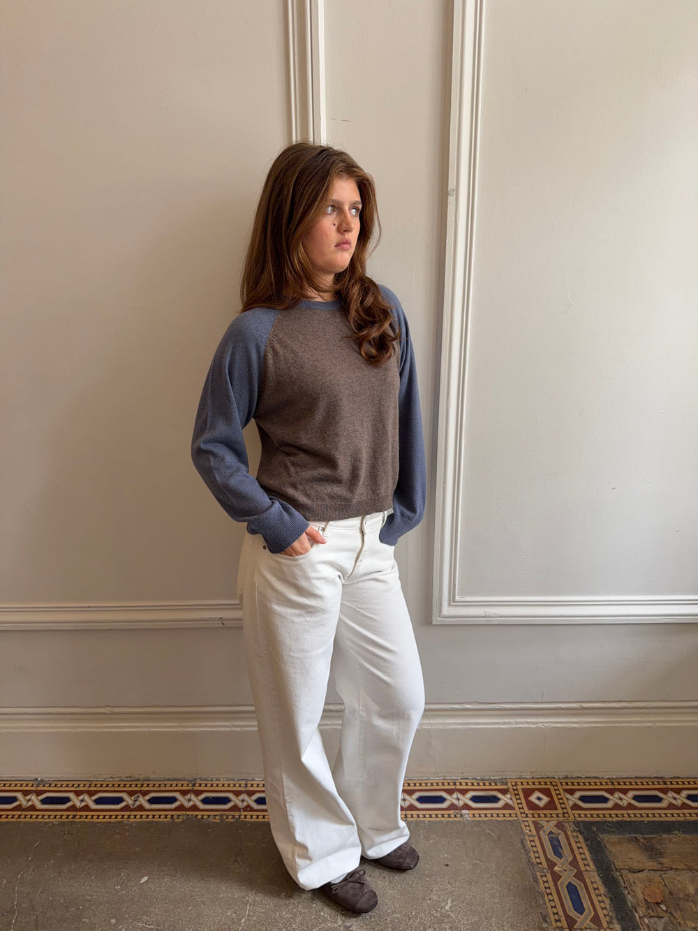 Oliva striktrøje - Blå/brun