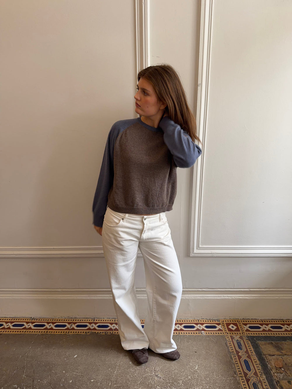 Oliva striktrøje - Blå/brun