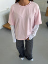Amalie t-shirt med ærmer - Lyserød/hvid