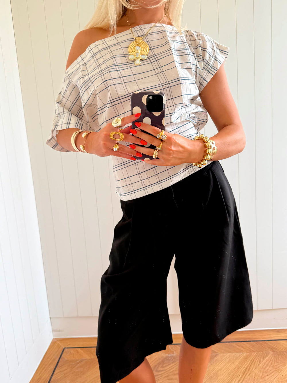 Scandivv off shoulder-top med tern - Hvid/navy