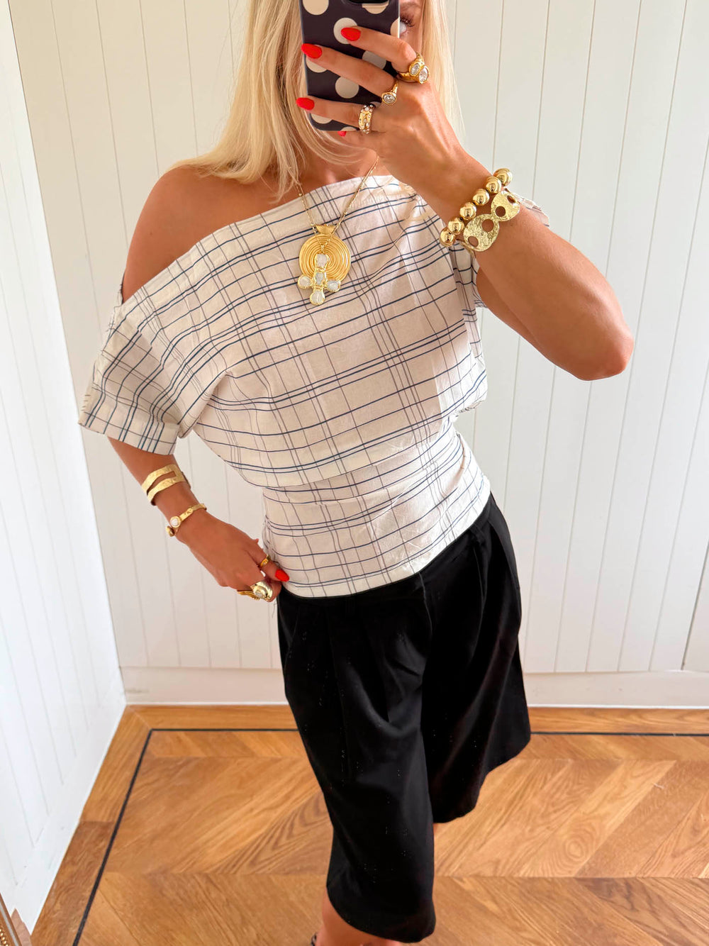 Scandivv off shoulder-top med tern - Hvid/navy