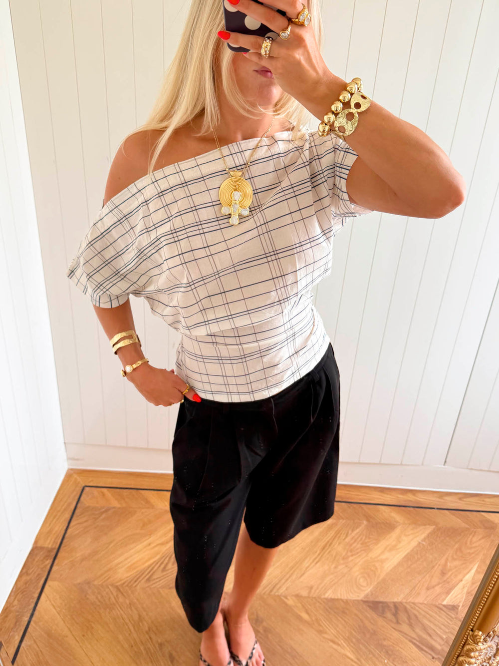 Scandivv off shoulder-top med tern - Hvid/navy