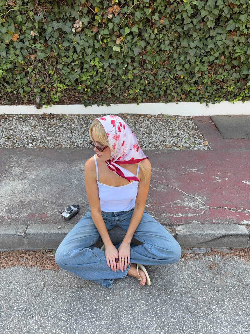 Tørklæde med blomster - Rød/pink