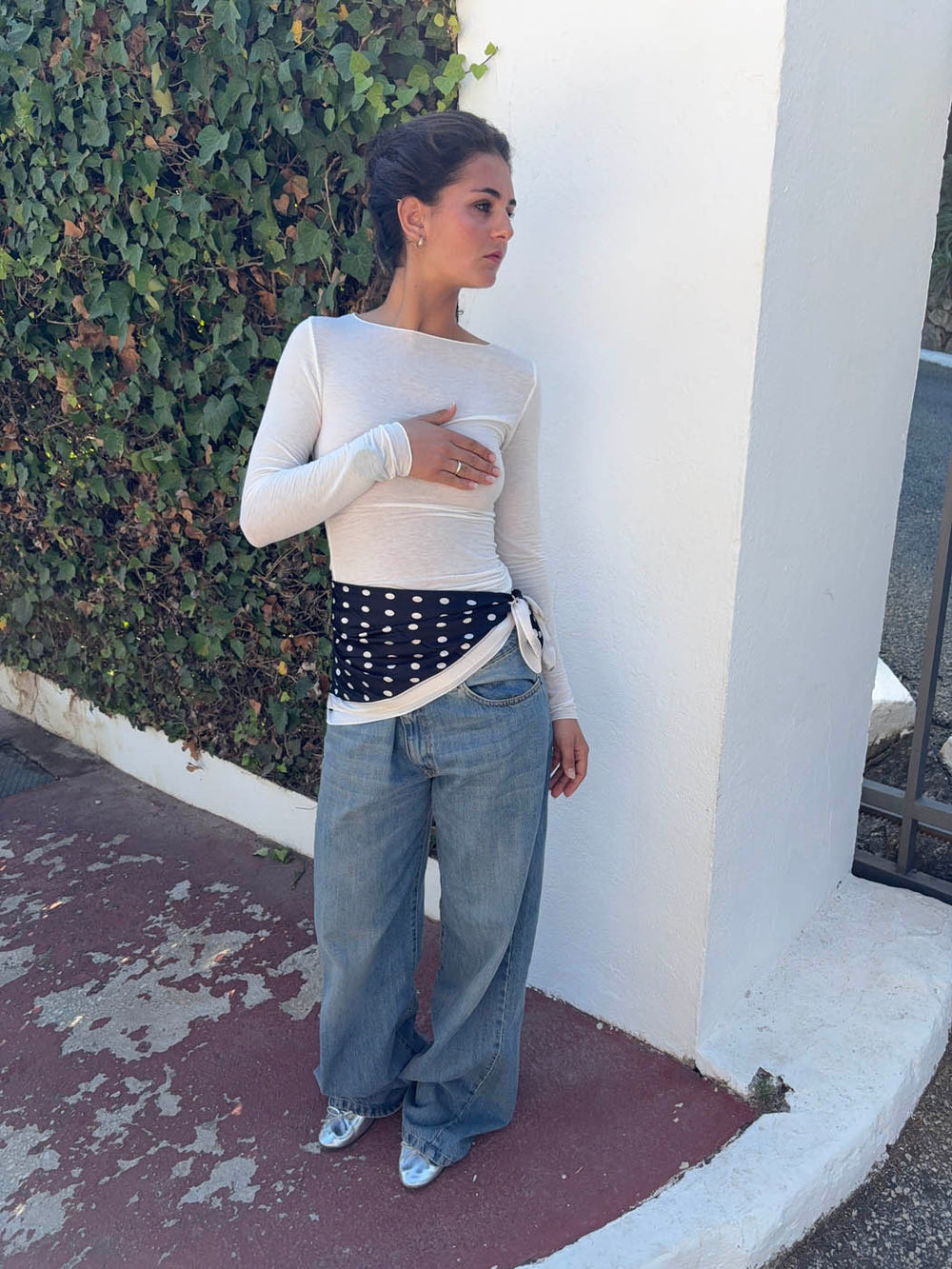 Tørklæde med polkaprikker - Sort/hvid