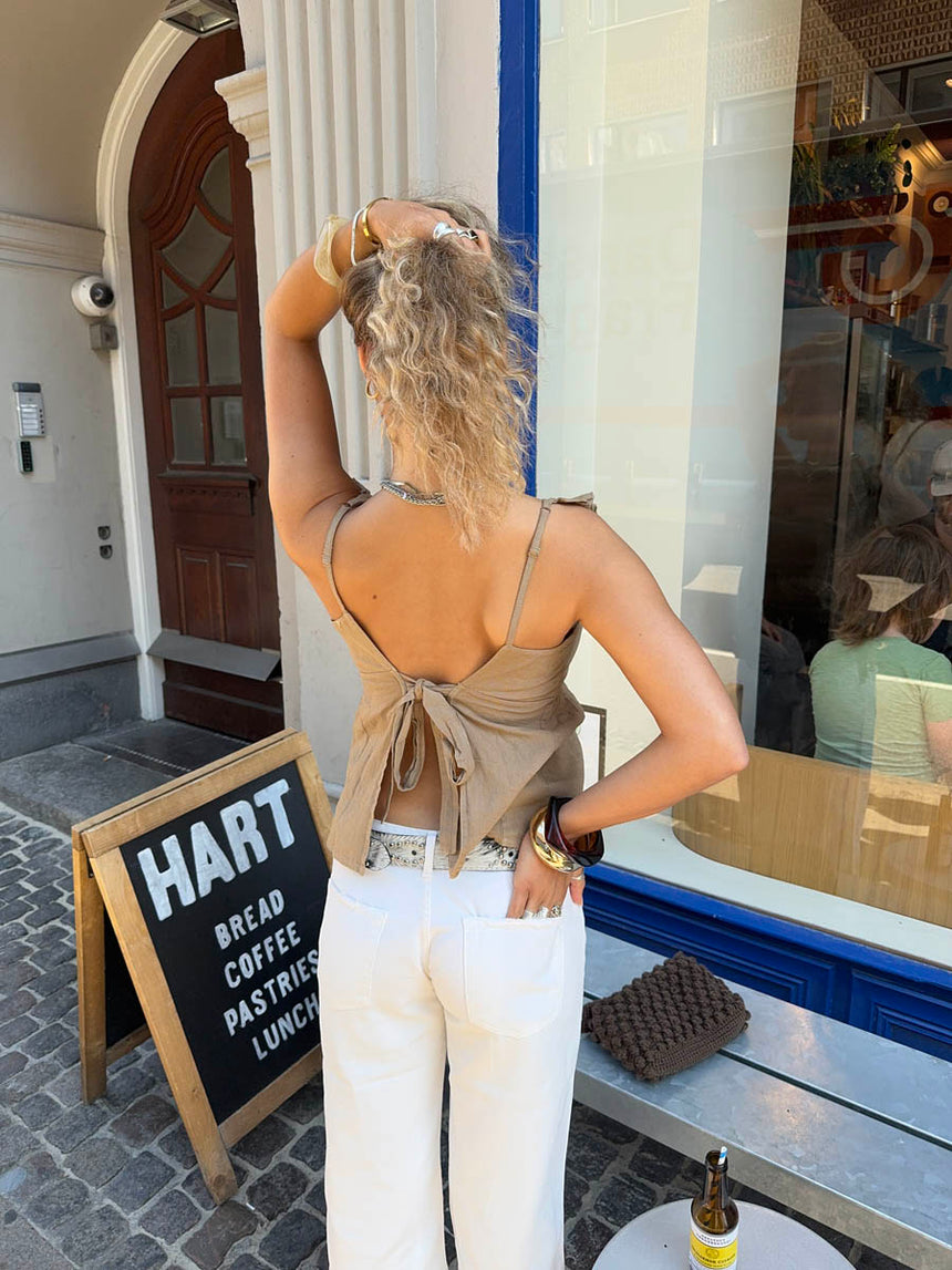 Noor top i hørblanding - Mørk beige