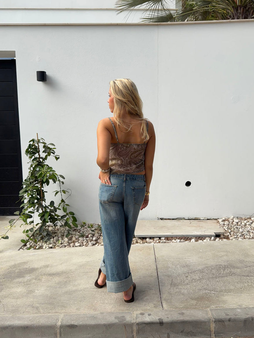 Tanlina top med flæsedetalje - Grøn/brun