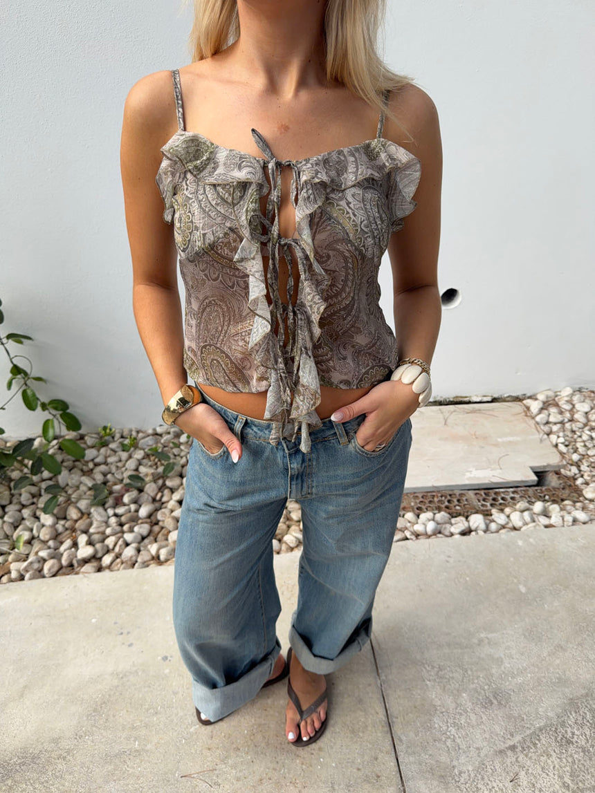 Tanlina top med flæsedetalje - Grøn/brun