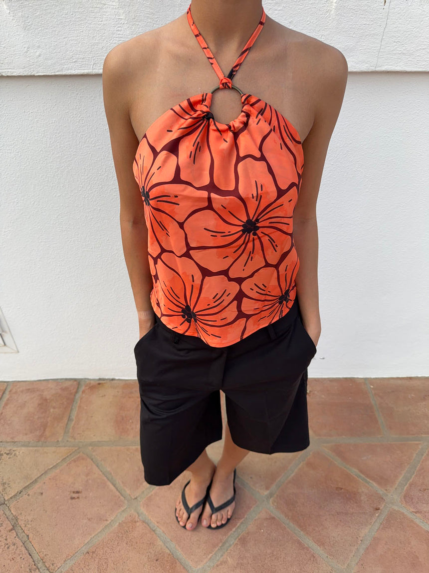 Sibilia top med blomster - Orange/sort