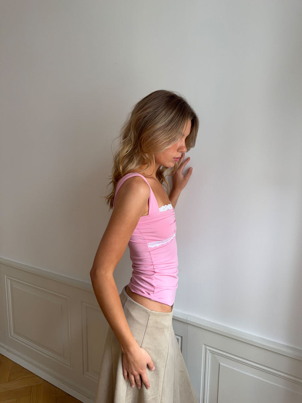 Mandaline top med blondedetalje - Pink