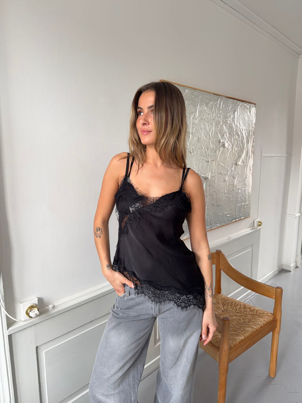 Dixia asymmetrisk top med blonder - Sort