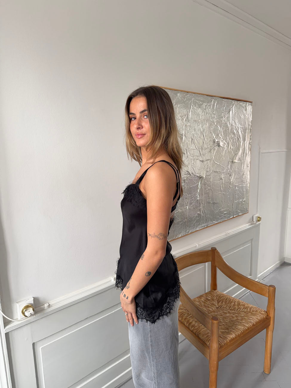 Dixia asymmetrisk top med blonder - Sort