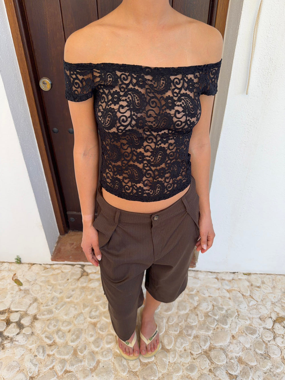 Sula off shoulder top i blonde - Sort