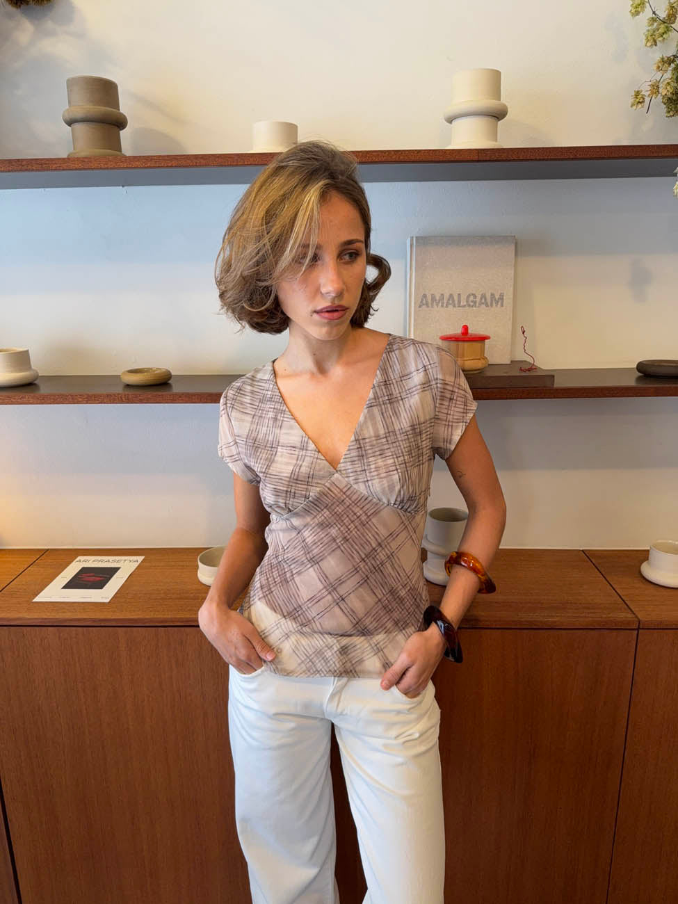 Leonorita top med ternet mønster - Beige/brun
