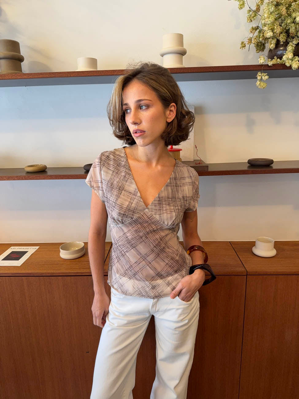 Leonorita top med ternet mønster - Beige/brun