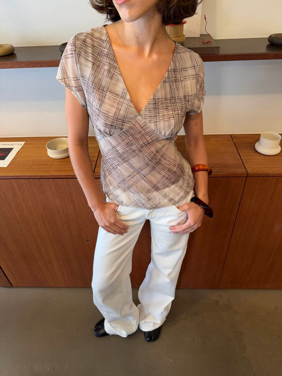 Leonorita top med ternet mønster - Beige/brun