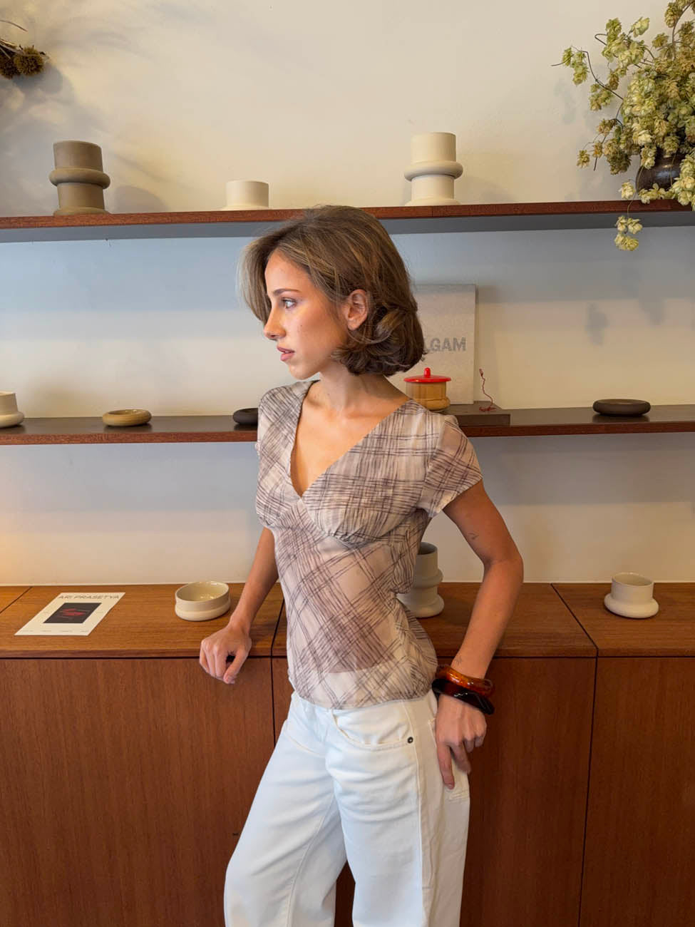 Leonorita top med ternet mønster - Beige/brun
