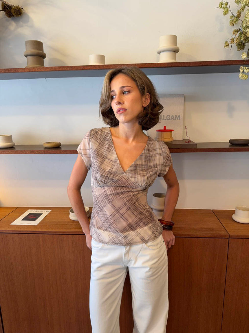 Leonorita top med ternet mønster - Beige/brun