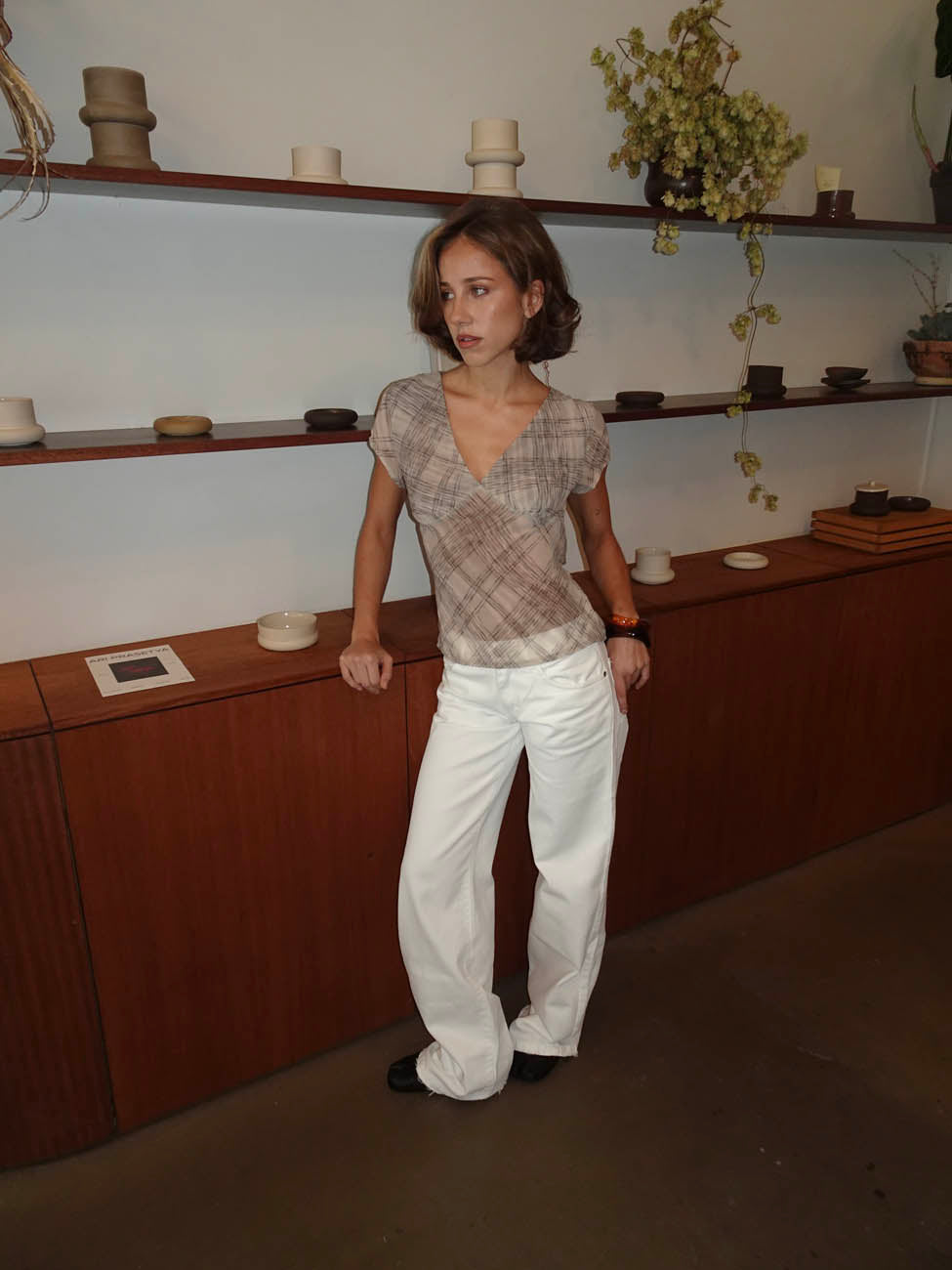 Leonorita top med ternet mønster - Beige/brun