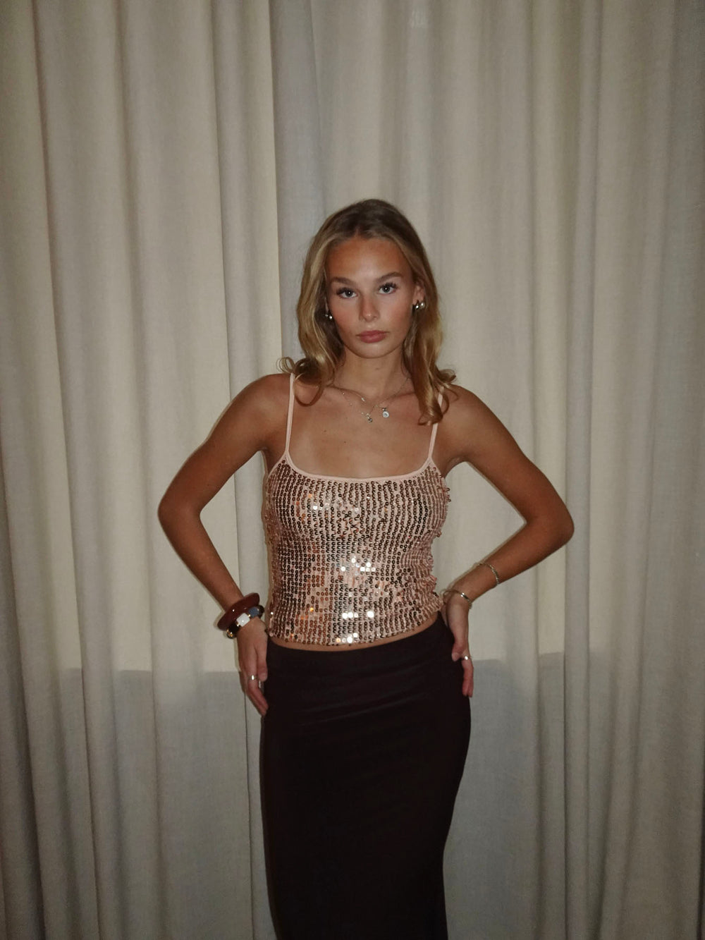 Tine top med pallietter - Rosa/guld