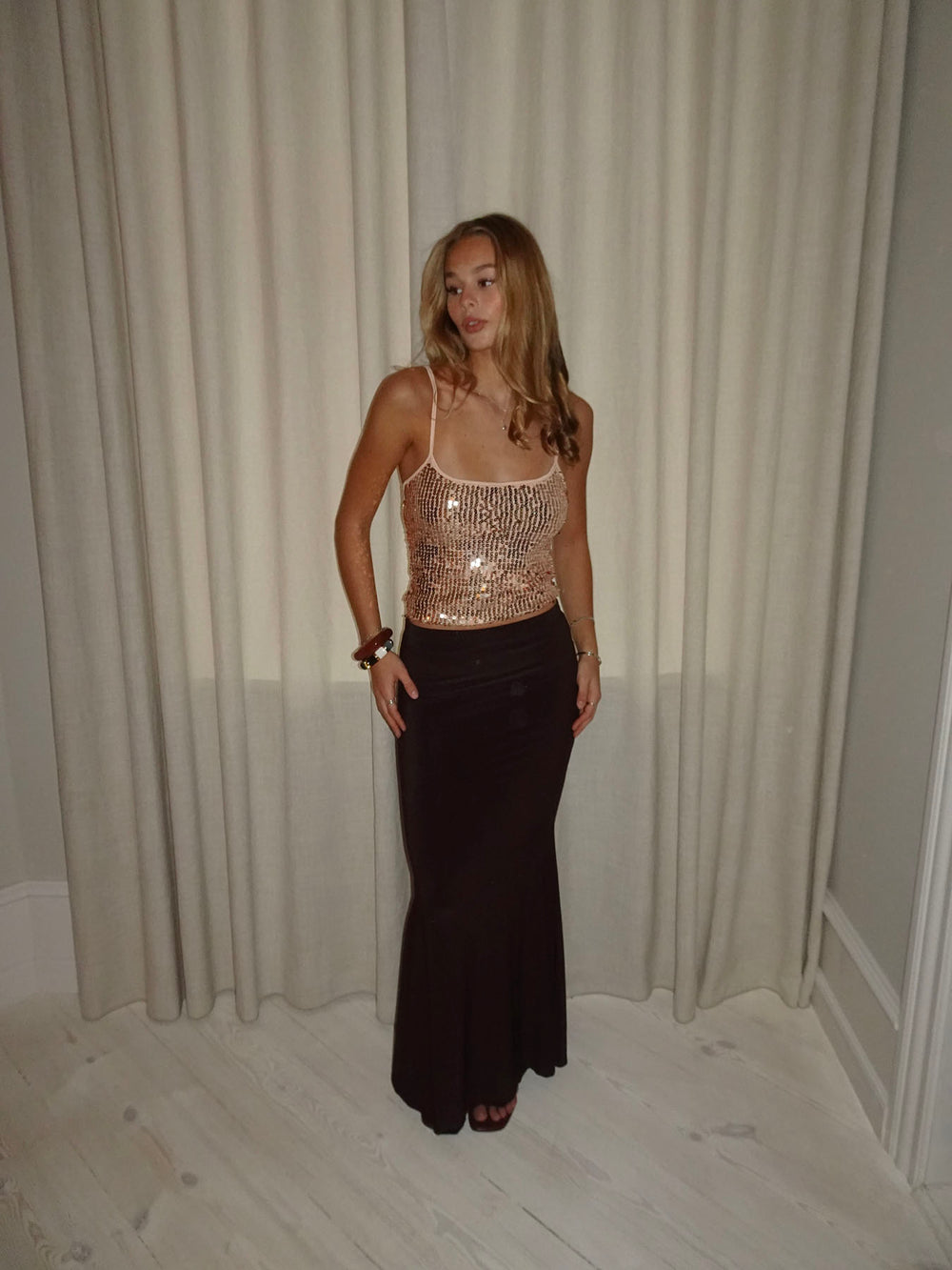 Tine top med pallietter - Rosa/guld