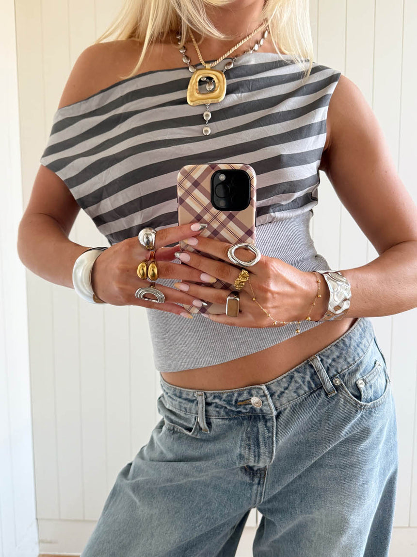 Scandivv top med striber - Grå/blå