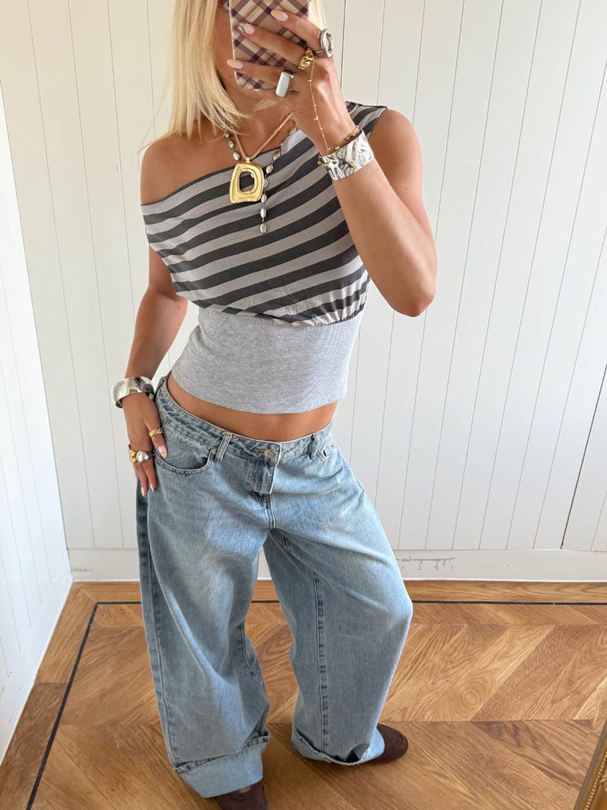 Scandivv top med striber - Grå/blå