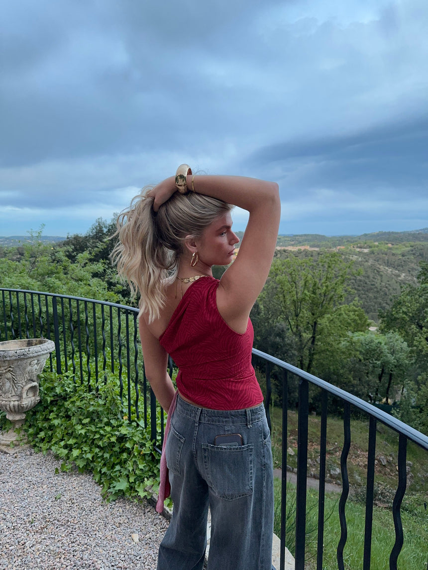 Orlane one shoulder top med zebra print - Rød