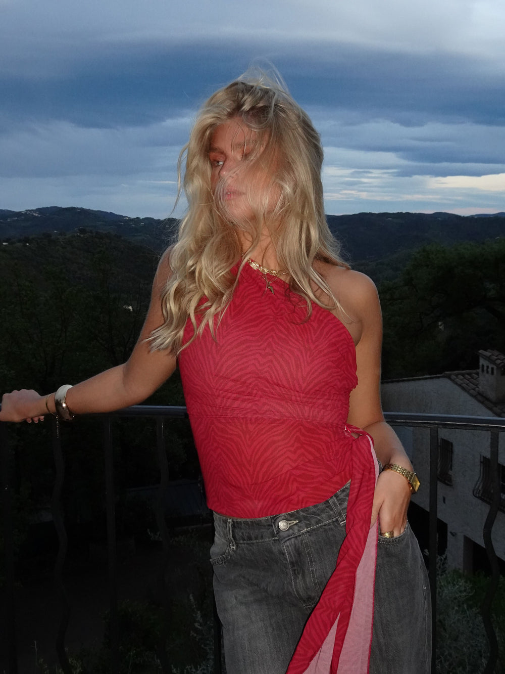 Orlane one shoulder top med zebra print - Rød