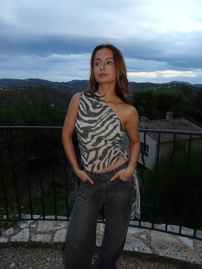 Orlane one shoulder top med zebra print - Sort/hvid
